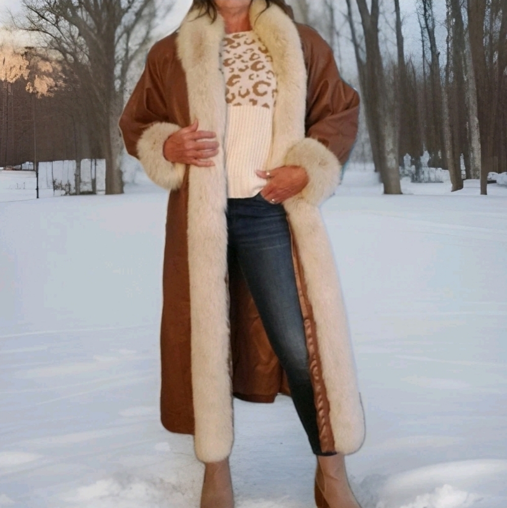 STAVROS Vtg Penny Lane Leather Coat Fox Fur Trim 80s - Picture 14 of 16